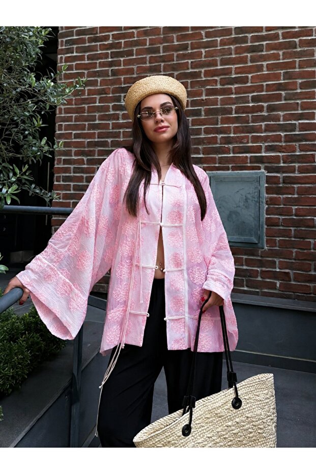 Pink Frog Closure Embroidered Kimono - 5096