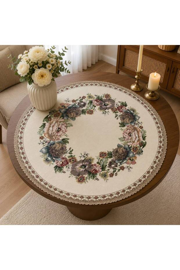 Vintage Bouquet 95 cm Round Chenille Tapestry Coffee Table Cover