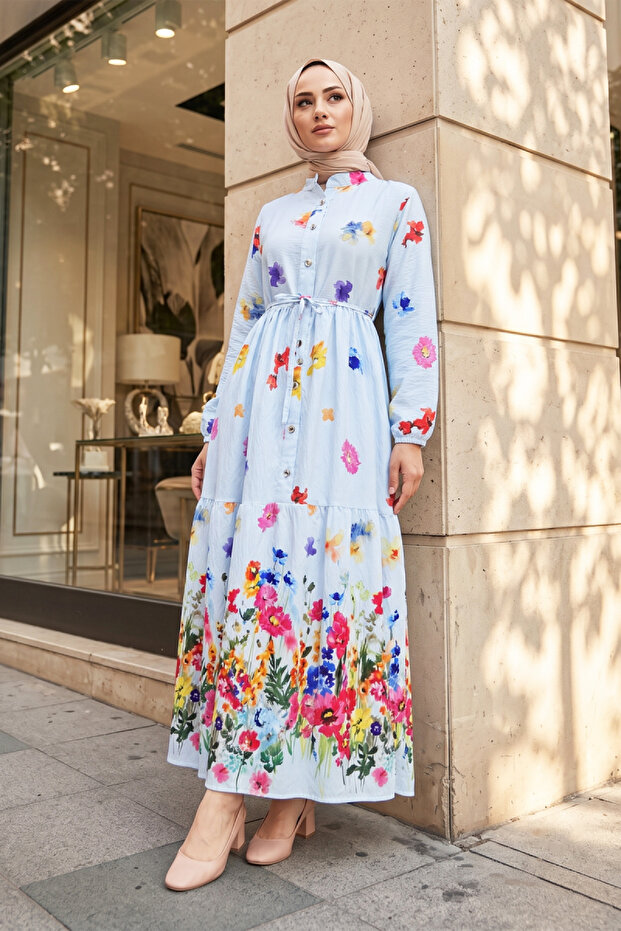 Floral Patterned Long Policoton Dress - Baby Blue