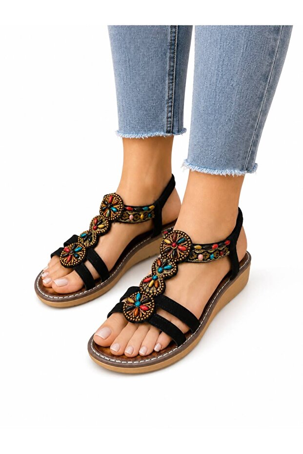 Women's Black Stone Embellished Orthopedic Comfort Sole Casual Sandals – Comfortable, Stylish, and Summer-Ready