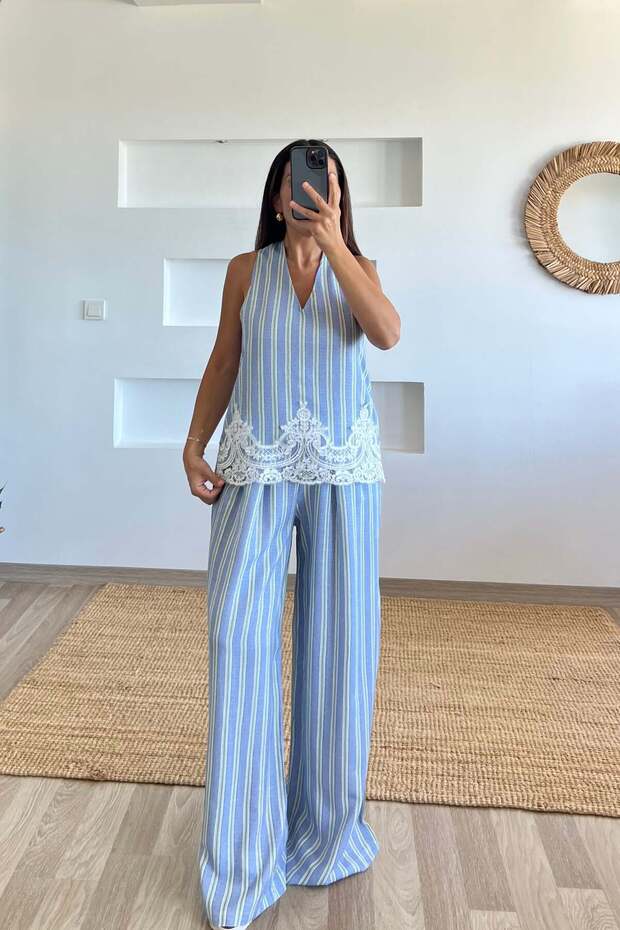 Lace Detailed Blue Striped Palazzo Trousers Set