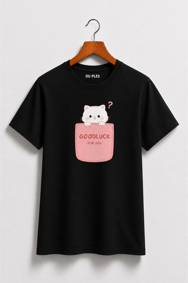 Women's Clothing Good Luck Cat Printed Combed Cotton Oversize T-Shirt