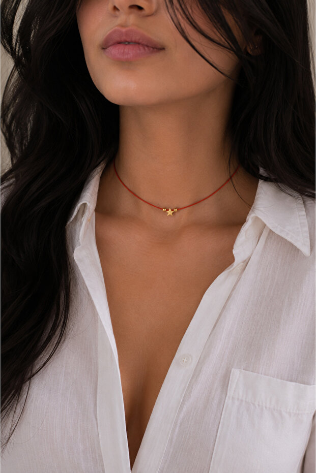 Red Rope Necklace with Gold Star Figure Minimal Choker