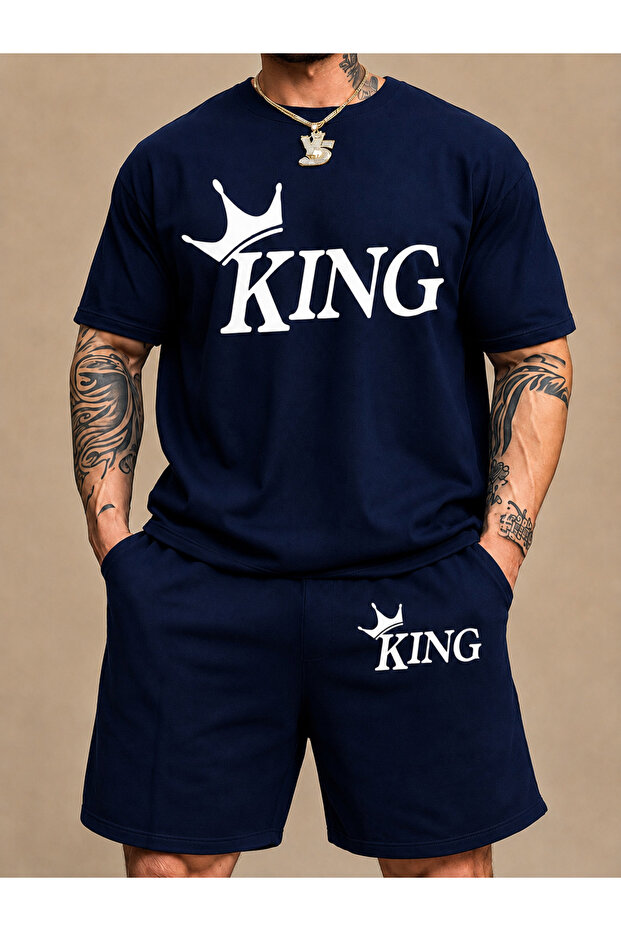 Men's Oversize 100% Cotton King Printed Shorts Set – Casual Daily 2-Piece Set