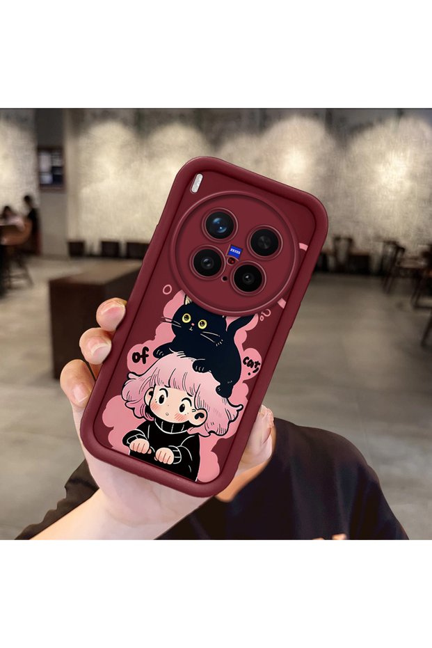 Vivo X300 Pro Compatible Case Camera Protector Claret Red Silicone Couple Phone Case Cat Pattern