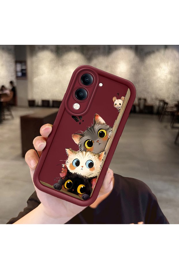 Vivo Y04 Compatible Case Camera Protector Burgundy Silicone Couple Phone Case Cat Pattern