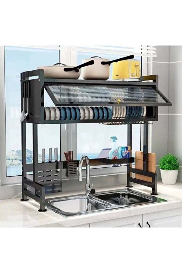 Over Sink Dish Drying Rack with Dust-Proof Cabinet Doors – 2-Tier Large Kitchen Dish Drainer & Storage Rack