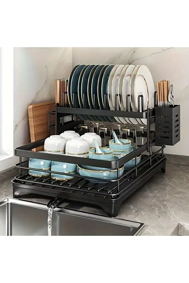 Black Dish Rack Foldable 2 Tier Drying Rack With Cutlery Holder And Cup Hooks
