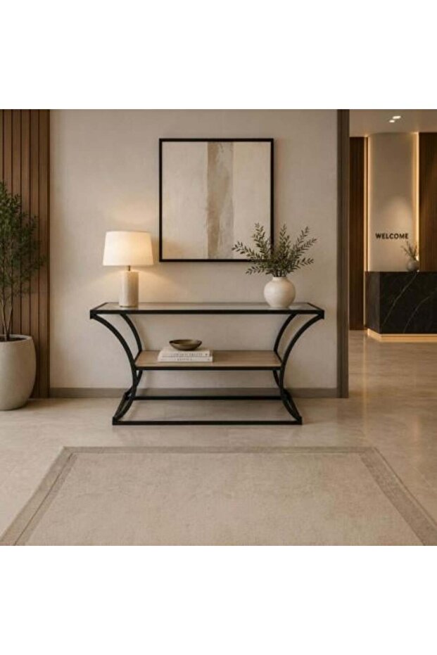 طاولة كونسول عصرية بسطح زجاجي ورف خشبي
