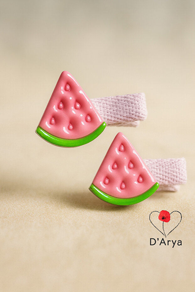 D’Arya Handmade Ceramic Watermelon Figured 2-Piece Girls' Snap Hair Clips – Pink Hair Accessory Dd847