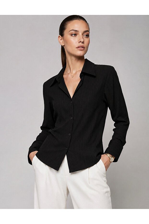 Women's Black Long Sleeve Shirt Buttoned Slim Fit Textured Fabric Office Casual Shirt