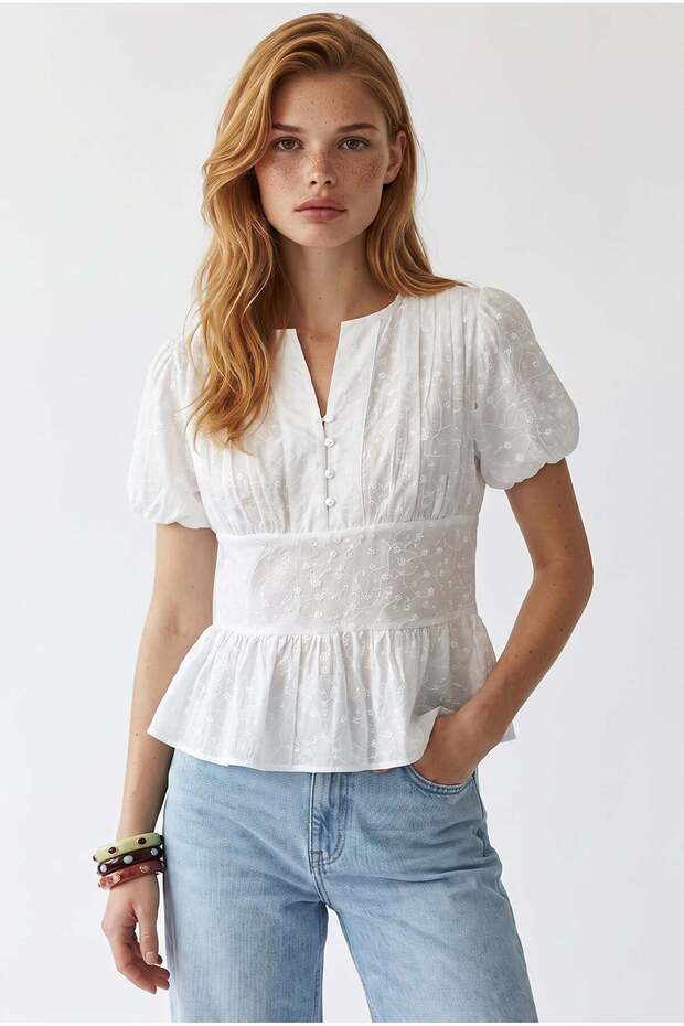 4895 Women's Transparent Embroidered Floral Patterned Balloon Sleeve Blouse Ecru