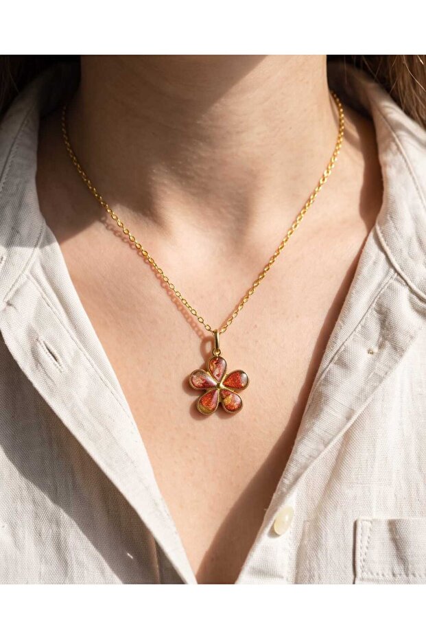 Gold Amber Daisy Flower Polymer Clay & Epoxy Handmade Necklace