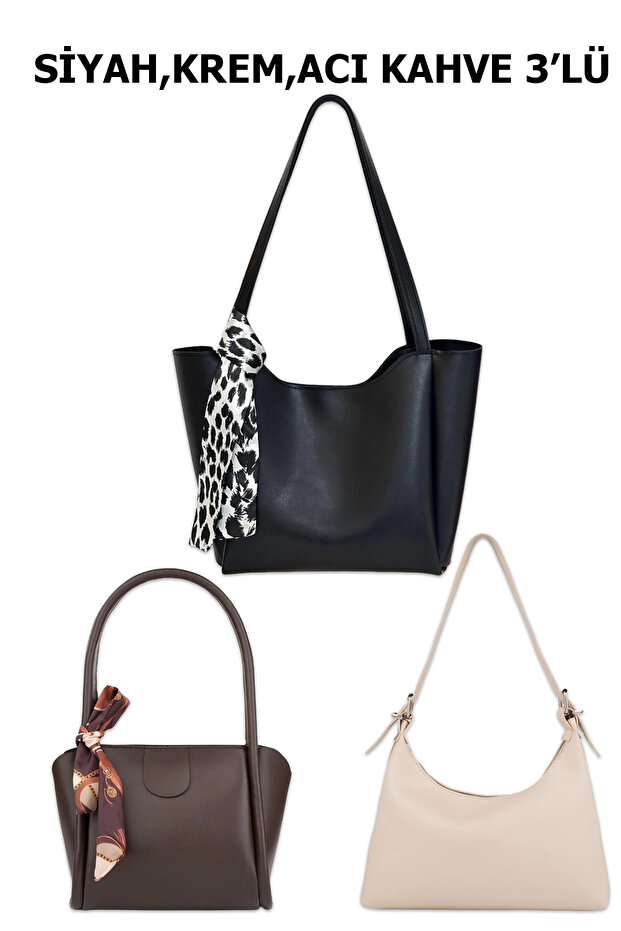 Black, Cream, Brown 3-Pack Faux Leather Shoulder & Hand Bag