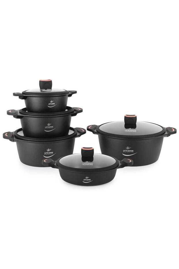 Life Smile 10Pcs Non-Stick Cookware Sets-Titanium Coating Cookwares, Cooking Set Non-Stick Includes 20/24/28/32cm Casserole with Lid, 32cm Shallow Pot with lid,Oven Safe Aluminium Pots Set