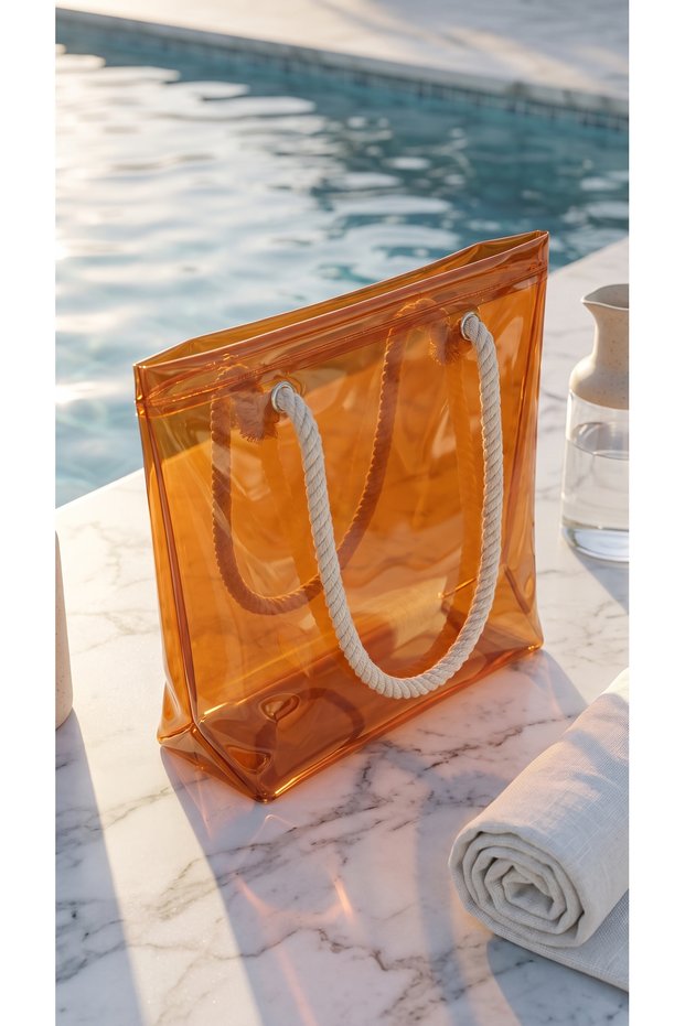 Transparent Beach Bag with Base Gusset - Pool and Sea Bag with White Rope Straps