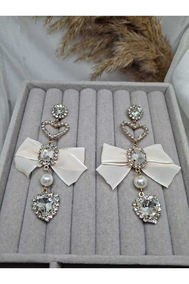 Zircon Stone Heart and Pearl Design Earrings with Bow and Crystal Detail