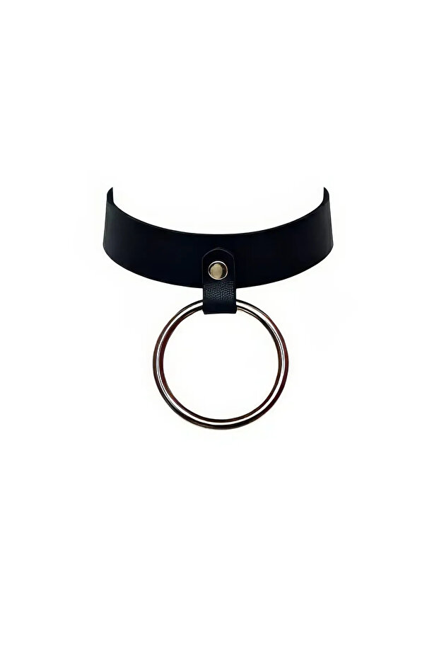 Black Choker Thick Leather Choker with Hoop Detail