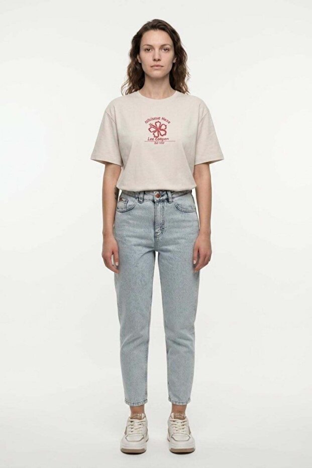 New Women's Oversize Printed Crew Neck T-Shirt Ecru