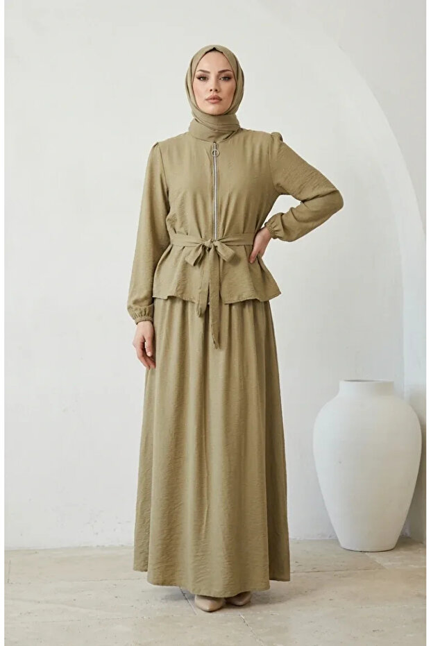 Stone Detailed Zippered Belted Hijab Double Set 0335-02 Khaki