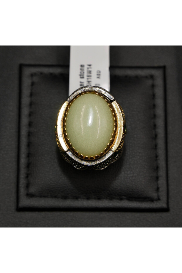 925 Sterling Silver Men's Power Stone Ring 7.5x16mm Pale Green Oval Cabochon Ottoman Style 14g