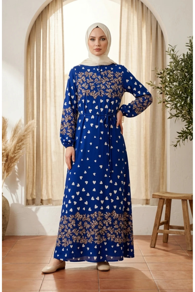 Viscose Fabric Heart Patterned Hijab Dress 0337-05 Cobalt Blue