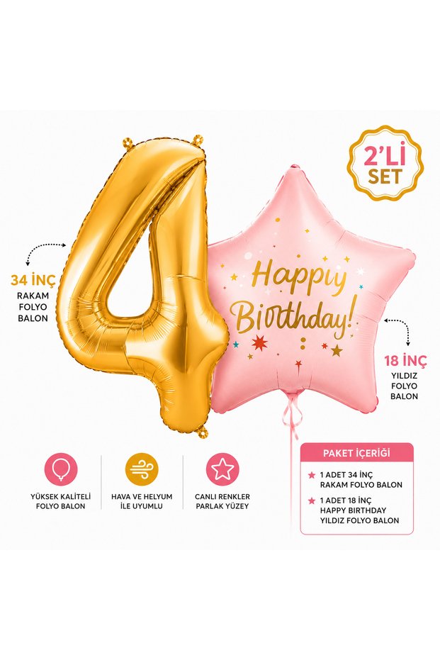 2-Piece Birthday Foil Balloon Set 34 Inch Gold Number Balloon and 18 Inch Pink Happy Birthday Star Foil Balloon