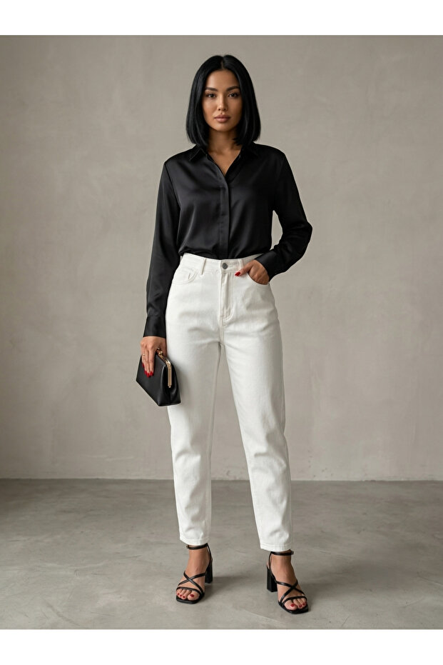 Mamaliga White Mom Jeans Boyfriend Linen Trousers