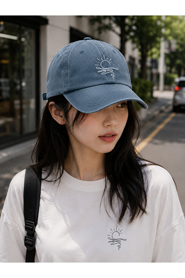 Minimalist Sun Embroidery Cap, Ocean Sunset Line Art Cap | Premium Quality