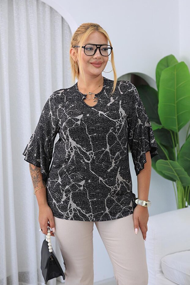 Plus Size Blouse with Flounce Sleeves and Accessory Detail at the Collar
