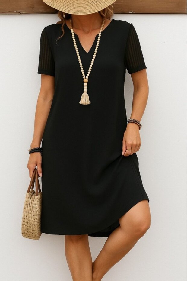 Casual Elegance - Women's Black Relaxed Fit V-Neck Mini Crepe Dress