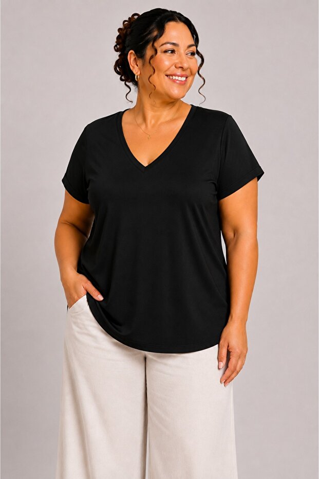 Women's Plus Size Casual Blouse - Front Back V-Neck Short Sleeve Blouse