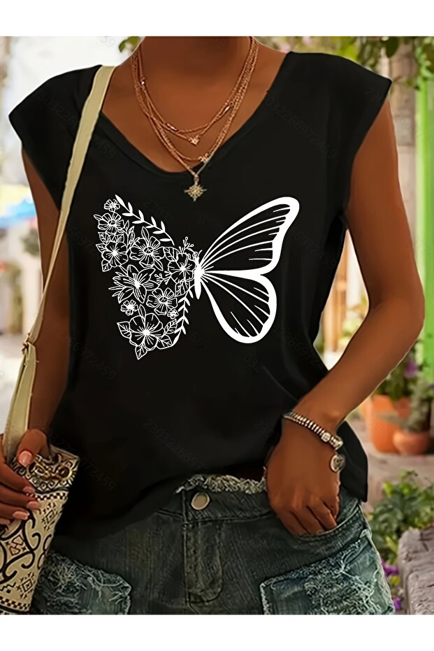 Women's Mix Printed V-Neck Sleeveless Regular Fit Comfortable T-Shirt