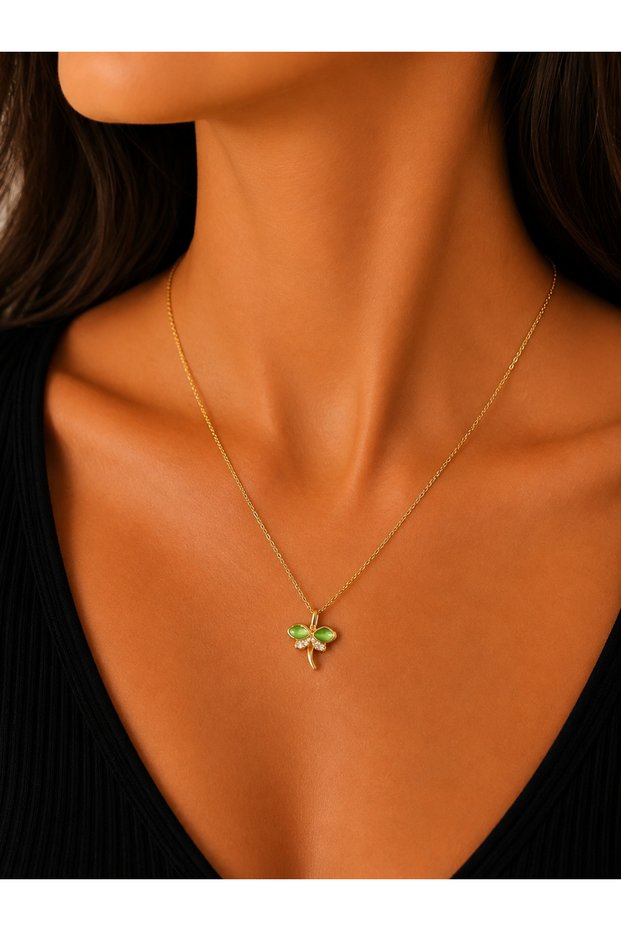 Women's Gold Color Green Clover Figured Zircon Stone Detailed Necklace