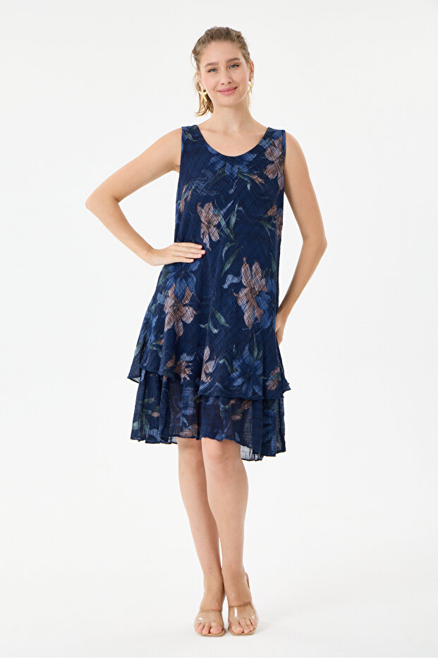 Navy Blue Italian Floral Patterned Zero Sleeve Lined Short Dress 38 - 42 Size