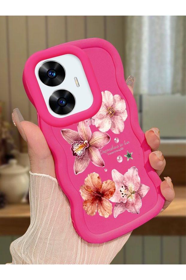 Realme C55 Compatible Case Camera Protector Red Silicone Couple Phone Case Floral Pattern