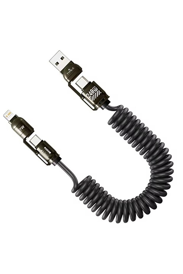 black 240W Fast Charging 4-in-1 Spring Car Data Cable Compatible with CarPlay for iPhone ...