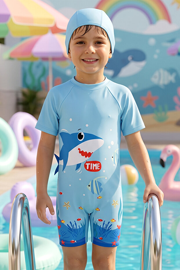 Short-Sleeved Boy's Swimsuit Overalls 26903 Blue