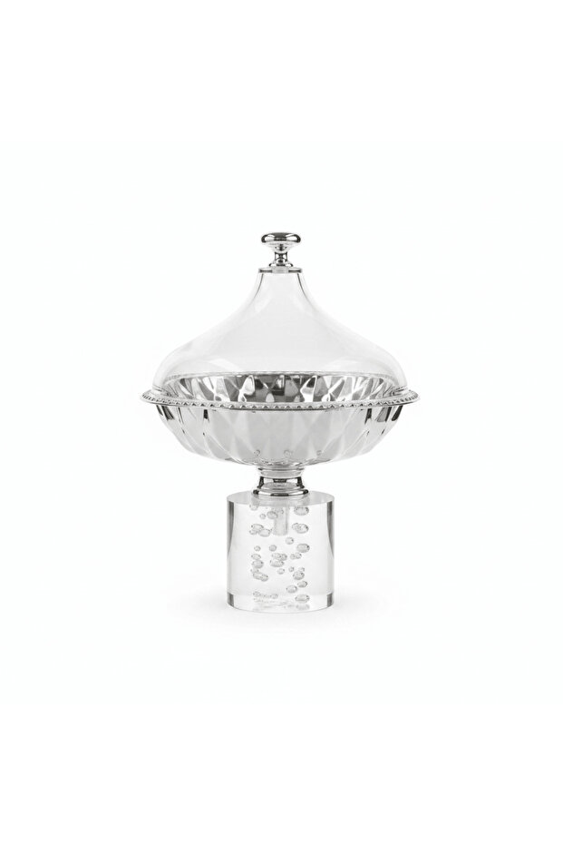 Acrylic Footed Silver Candy Bowl with Acrylic Dome Lid - 20×15 cm
