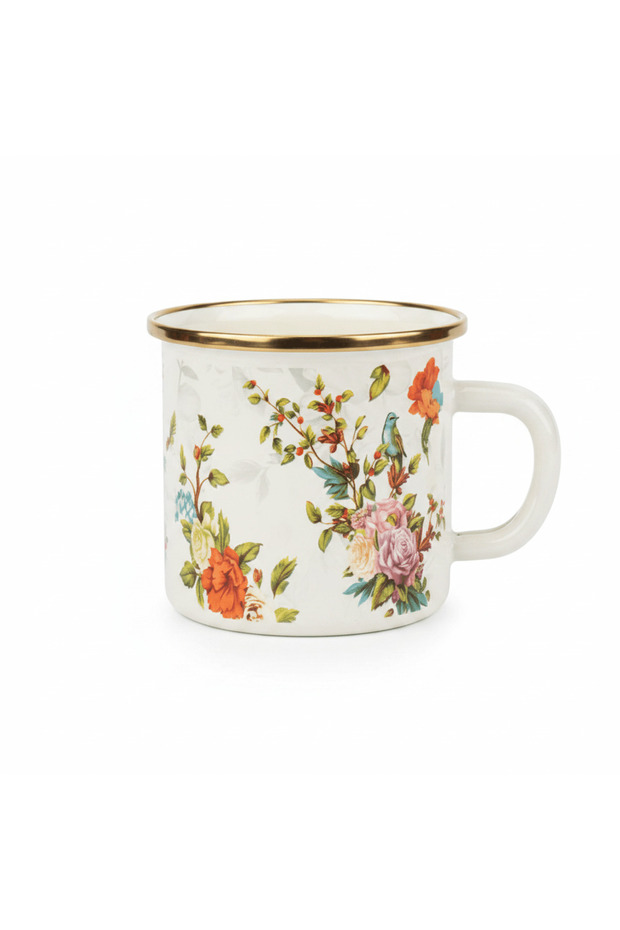 Cream Enamel Mug With Floral Garden Design - 300 ml