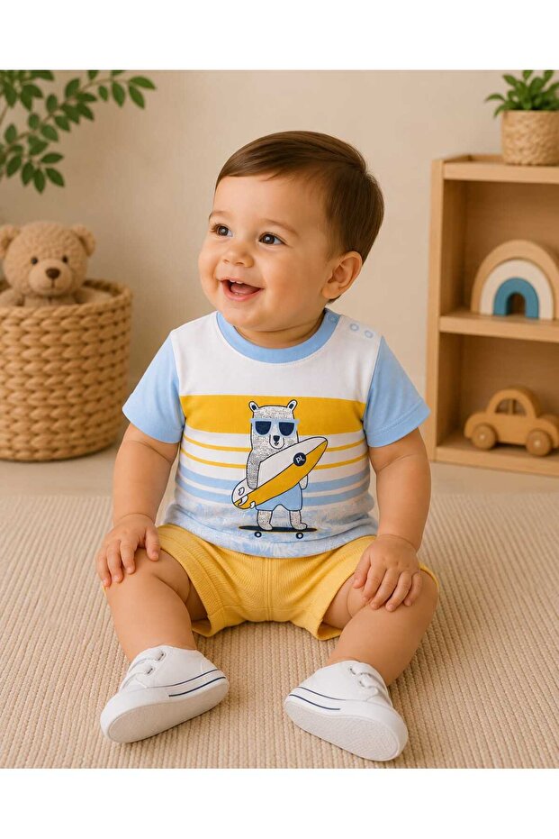 100% Cotton Pocketed Surfer Teddy Bear Top and Bottom Two-Piece Baby Set