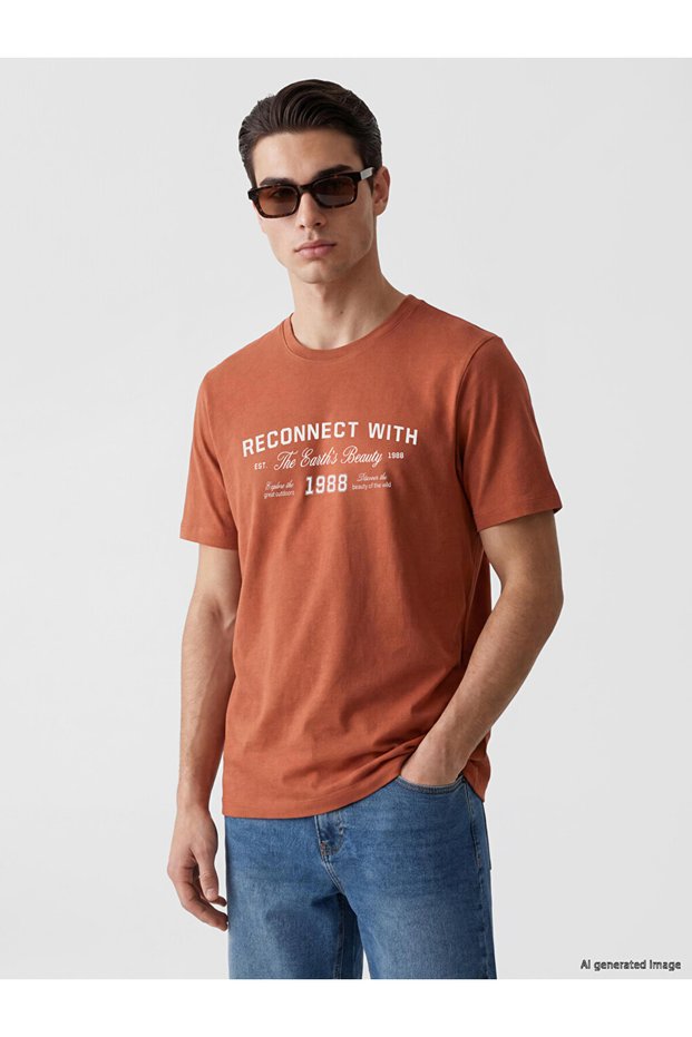 Vizyon New Season Orange Crew Neck Printed Men's T-Shirt