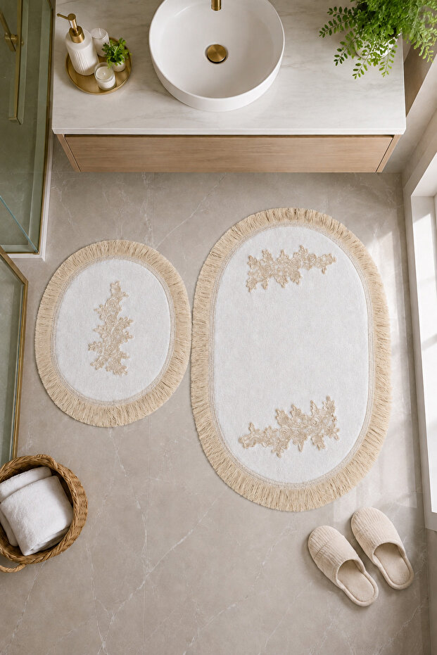 Mink 2-Piece Lace Non-Slip Leather Based Oval Bath Mat with Tassels Washable Bath Set Regio