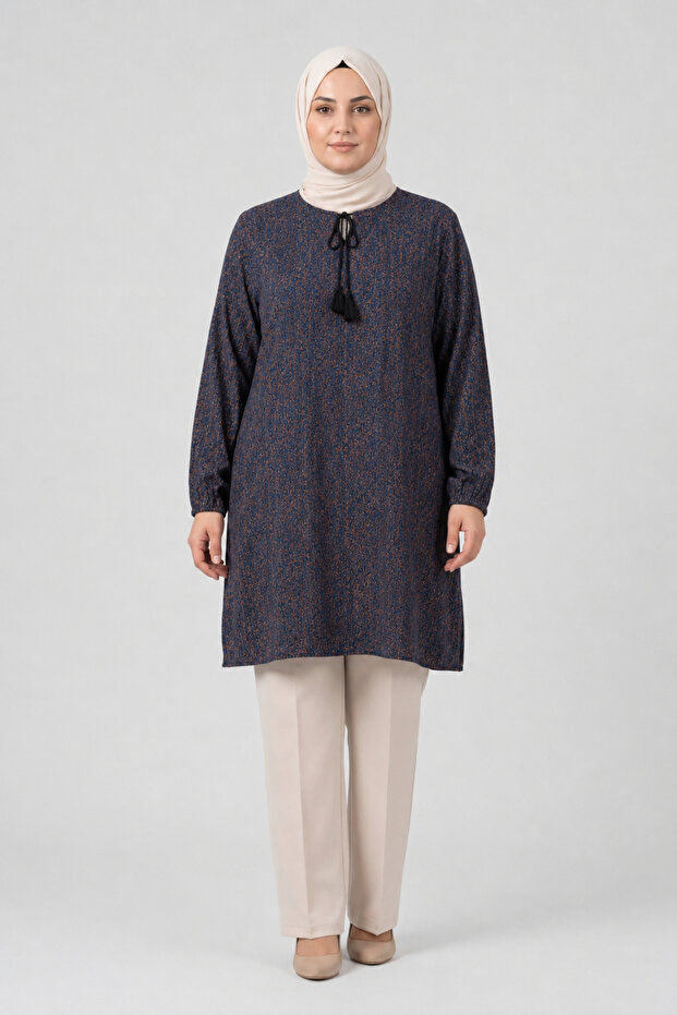 Women's Geometric Speckled Patterned Crew Neck Lace-Up Woven Viscose Tunic