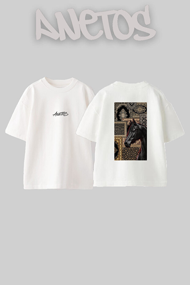 Black Horse Rugs Design Back Printed Cotton White Oversize T-Shirt