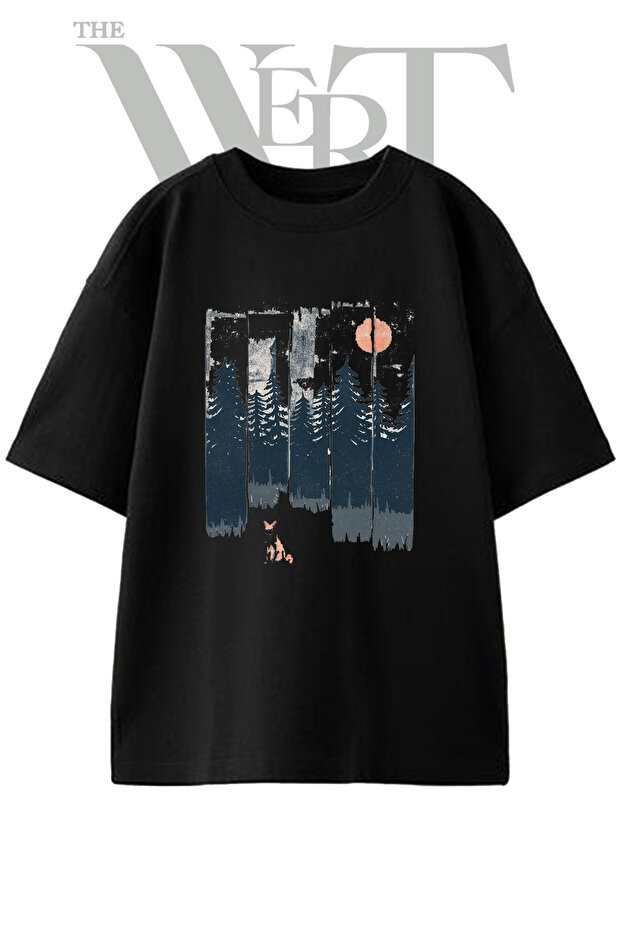 Fox Forest Design Printed Unisex Black Oversize T-Shirt