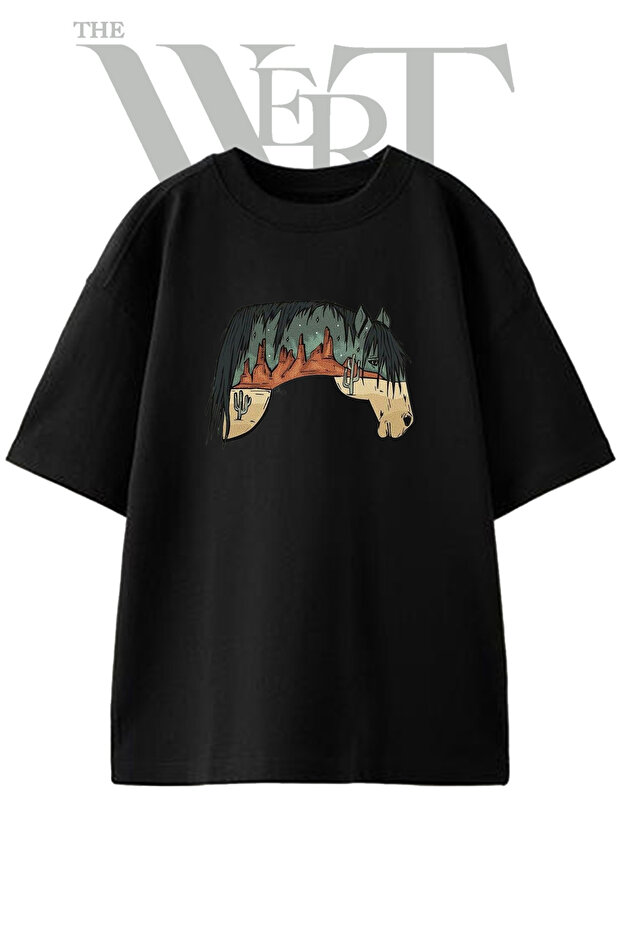 Desert Horse Design Printed Unisex Black Oversize T-Shirt