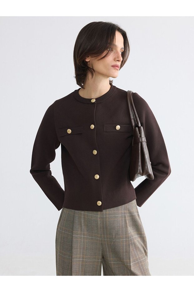Lcwaikiki Classic Brown Crew Neck Women's Knitwear Cardigan