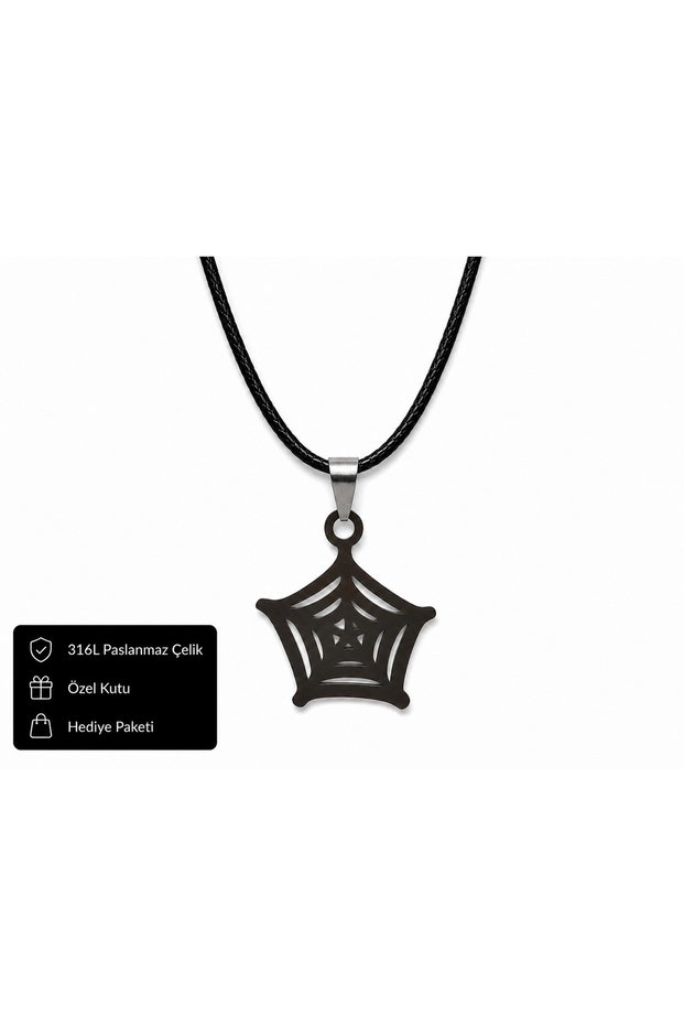 316L Stainless Steel Black Spider Web Figured Leather Rope Men's Women's Gothic Necklace
