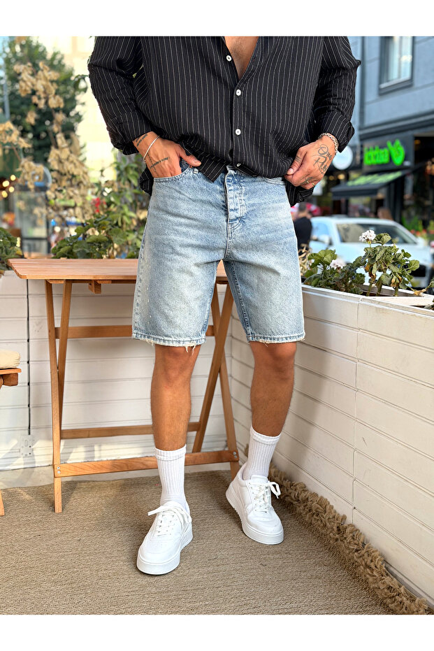 Regular Fit Denim Shorts with Splash Detail